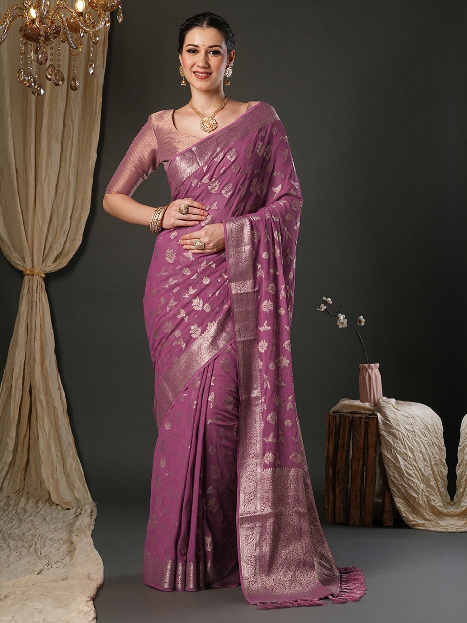 Purple Mauve Kanjeevaram Pure Georgette Woven Saree