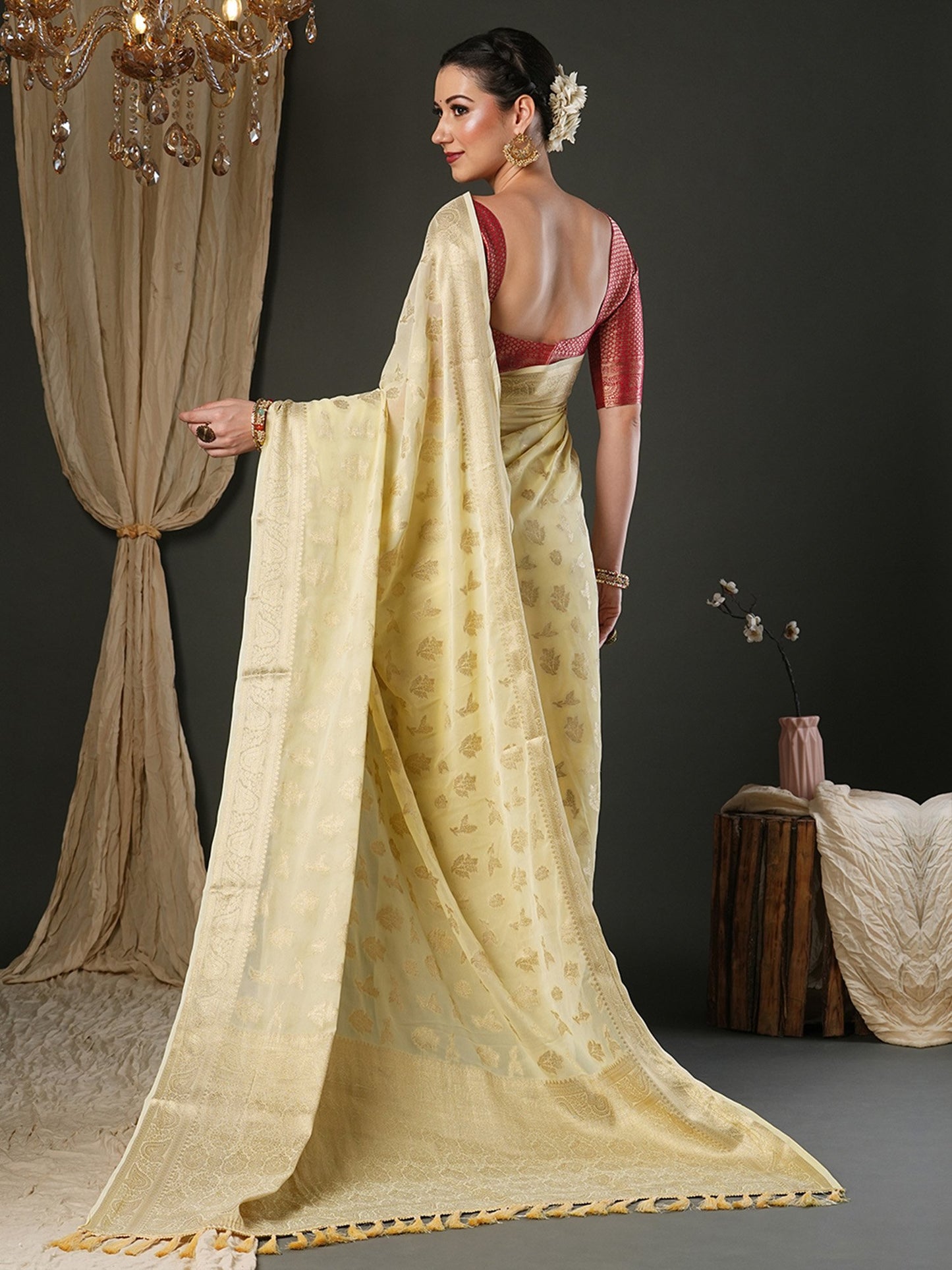 Cream Kanjeevaram Pure Georgette Woven Saree