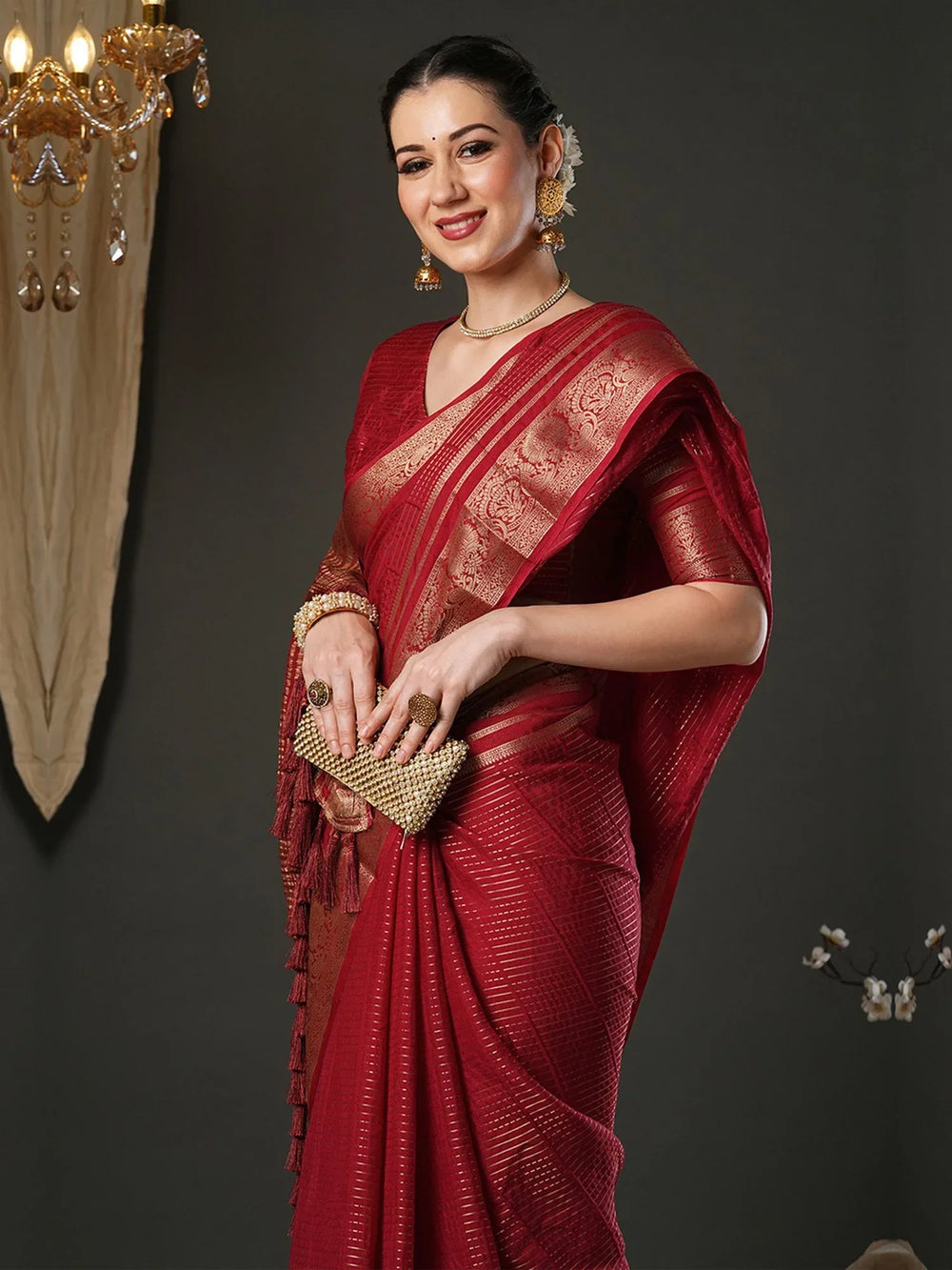 Maroon Banarasi Viscose Woven Saree - The Dori Store