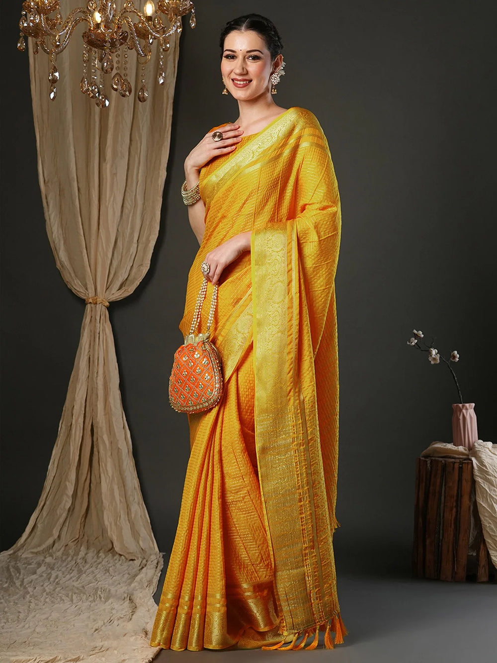 Yellow Banarasi Viscose Woven Saree - The Dori Store