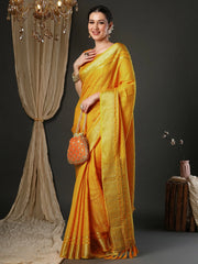 Yellow Banarasi Viscose Woven Saree - The Dori Store