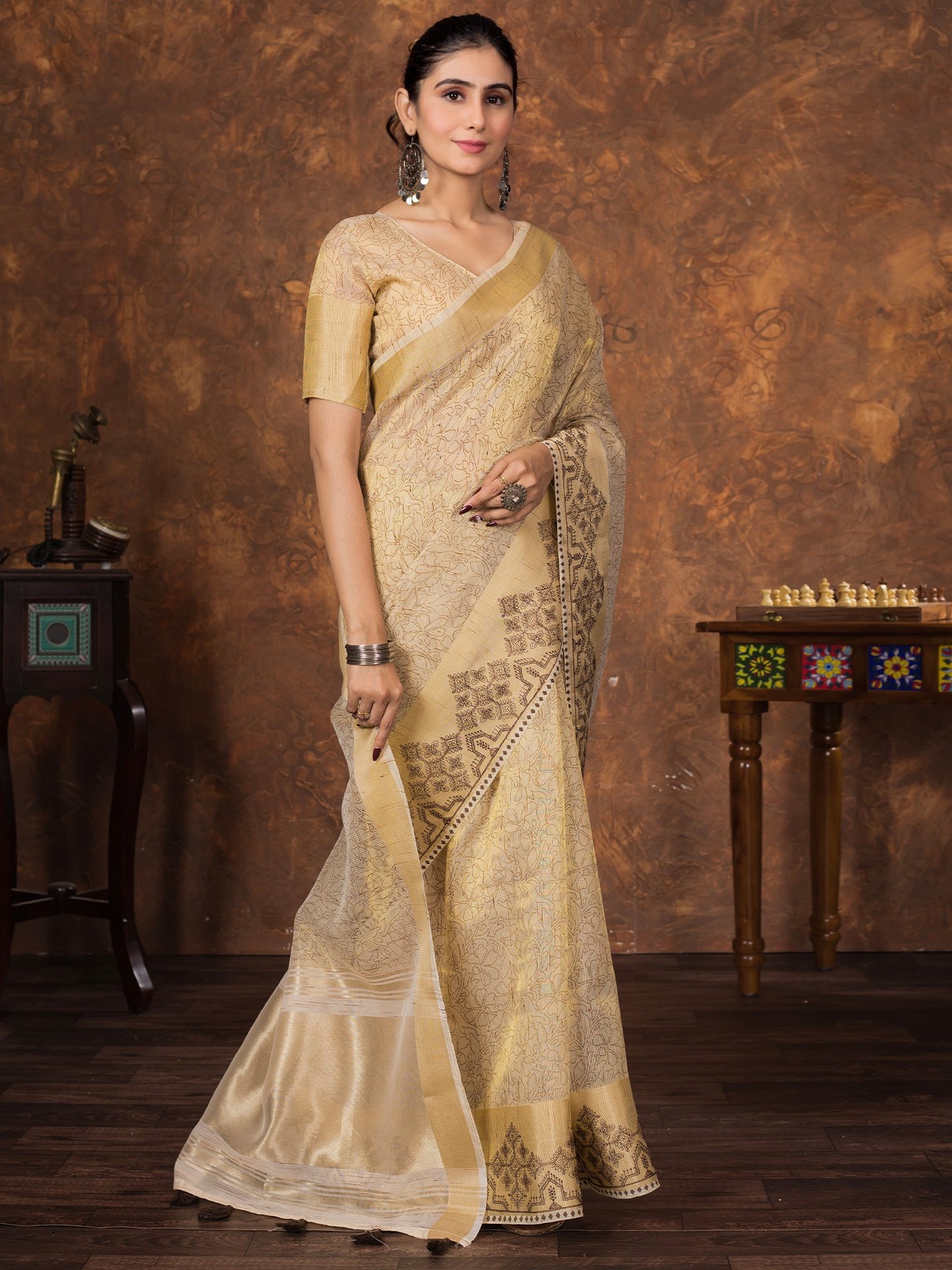 Cream Party Wear Tissue Woven Saree