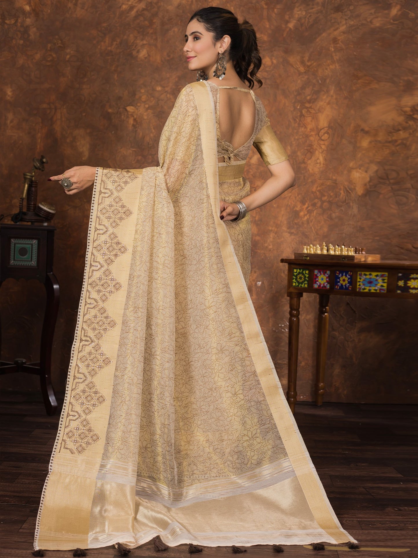 Cream Party Wear Tissue Woven Saree