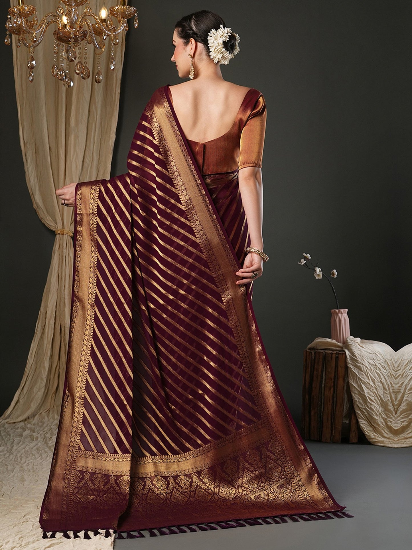Burgundy Kanjeevaram Pure Georgette Woven Saree