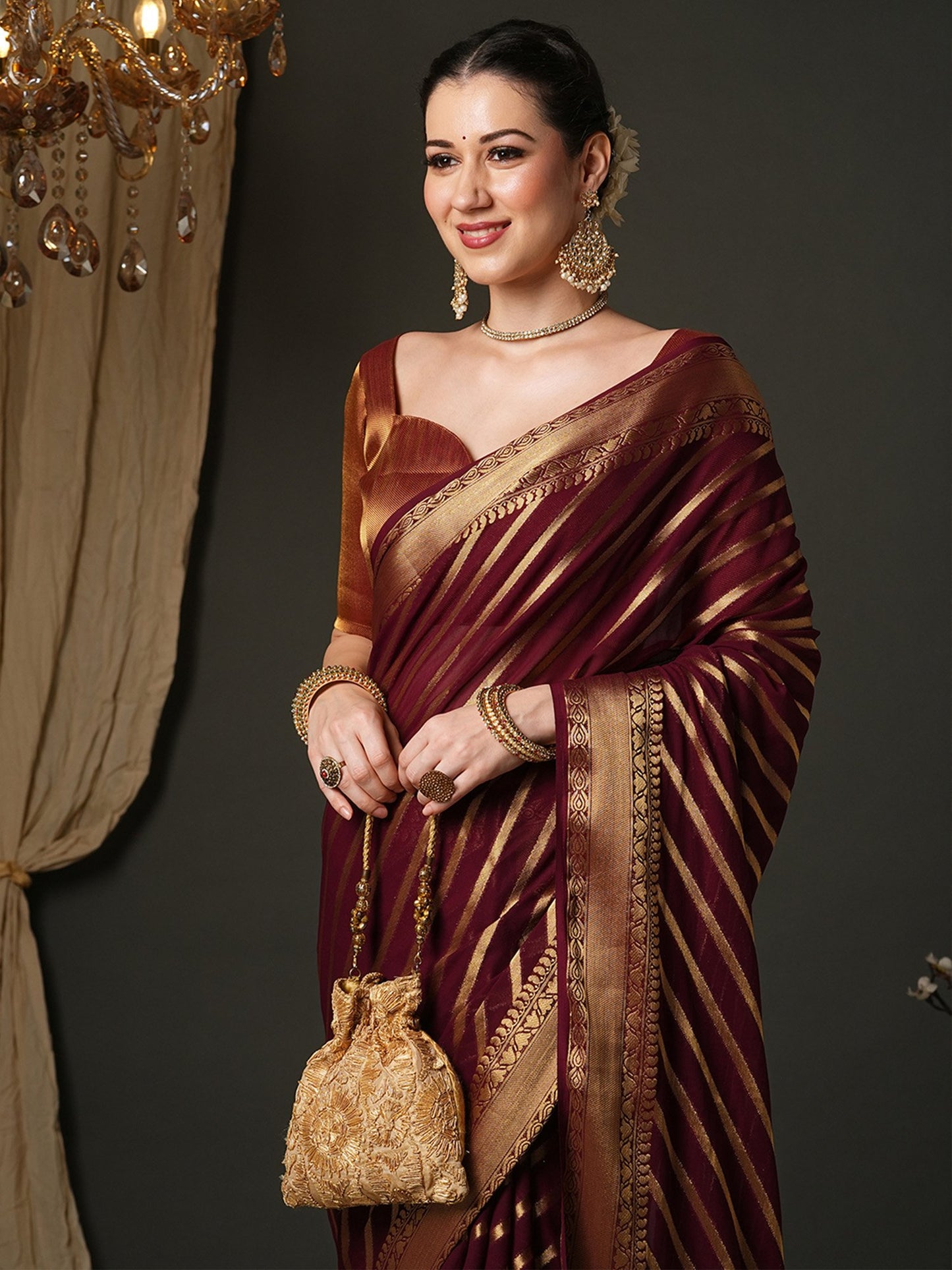 Burgundy Kanjeevaram Pure Georgette Woven Saree