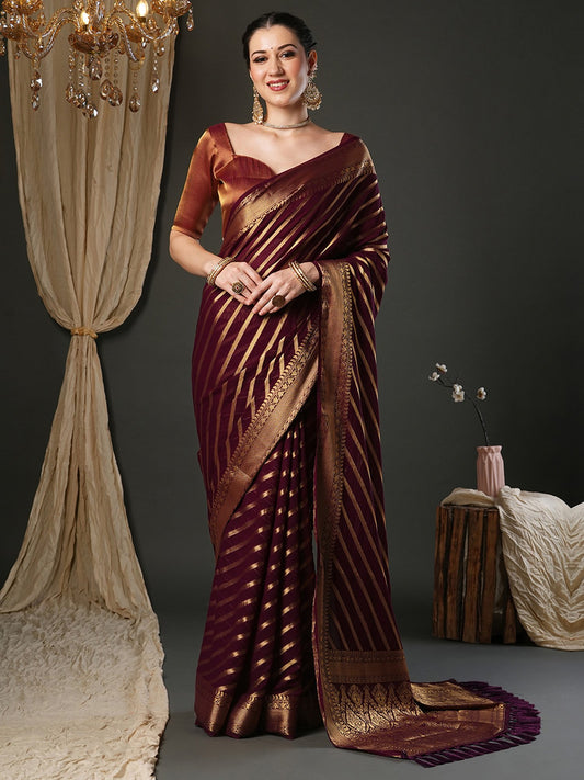 Purple Burgundy Kanjeevaram Pure Georgette Woven Saree
