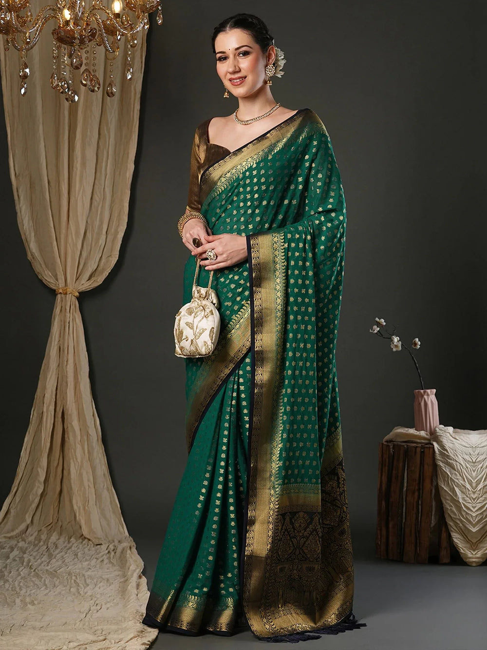 Teal Green Kanjeevaram Pure Georgette Festival Saree - The Dori Store
