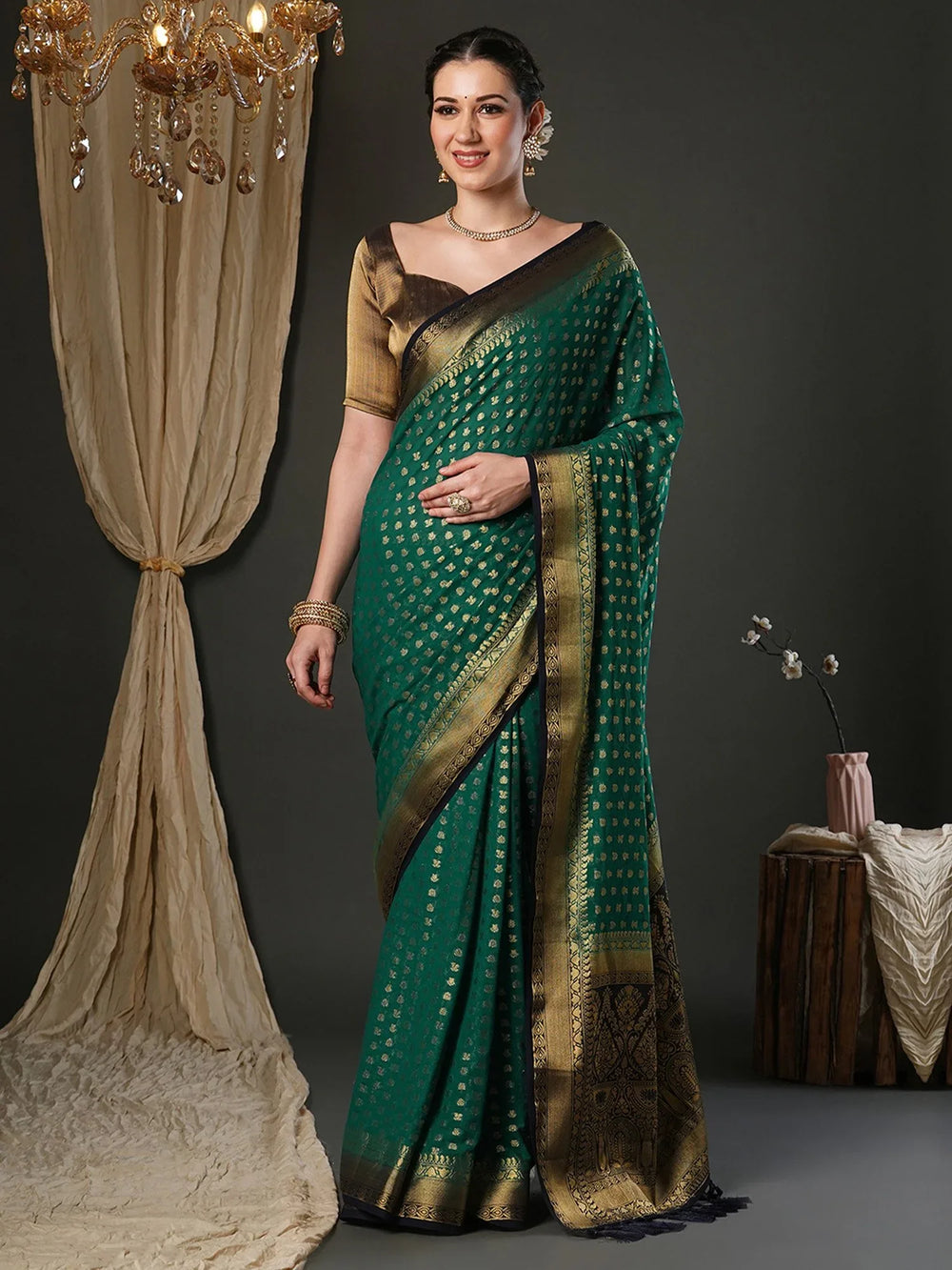 Teal Green Kanjeevaram Pure Georgette Festival Saree - The Dori Store