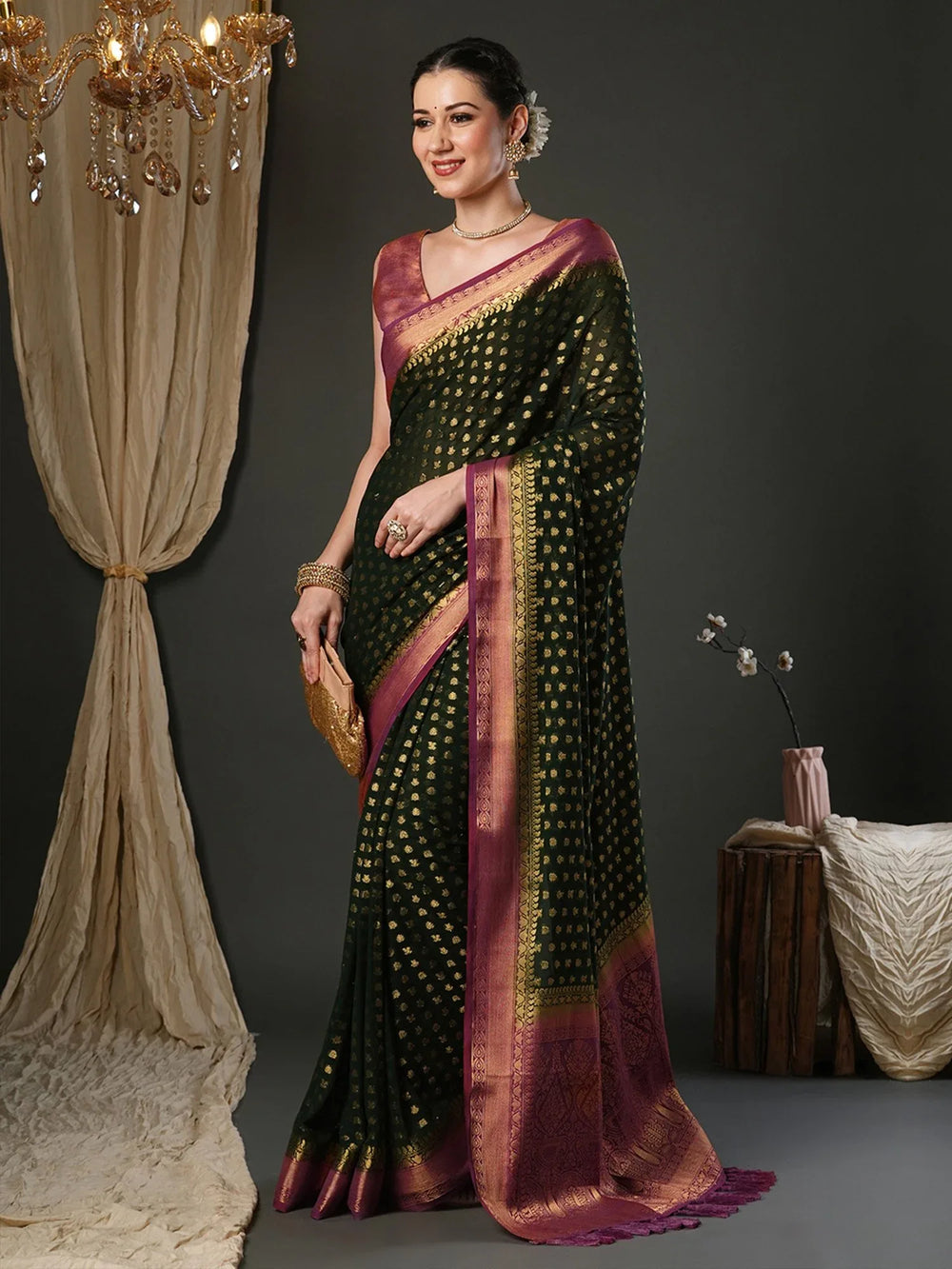 Green Kanjeevaram Pure Georgette Woven Saree - The Dori Store