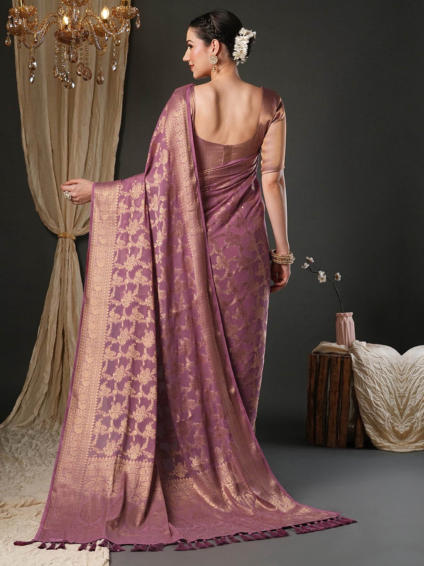 Mauve Kanjeevaram Pure Georgette Woven Saree