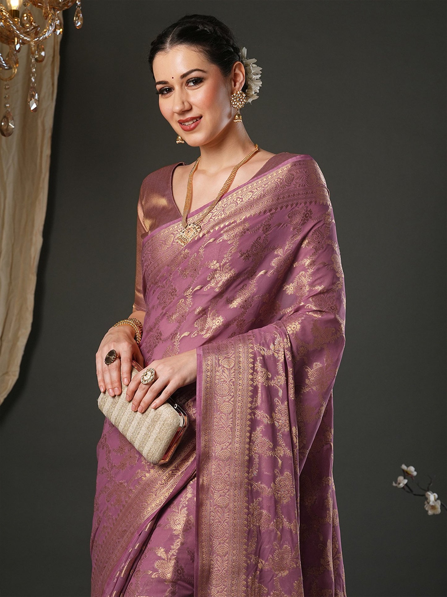 Mauve Kanjeevaram Pure Georgette Woven Saree