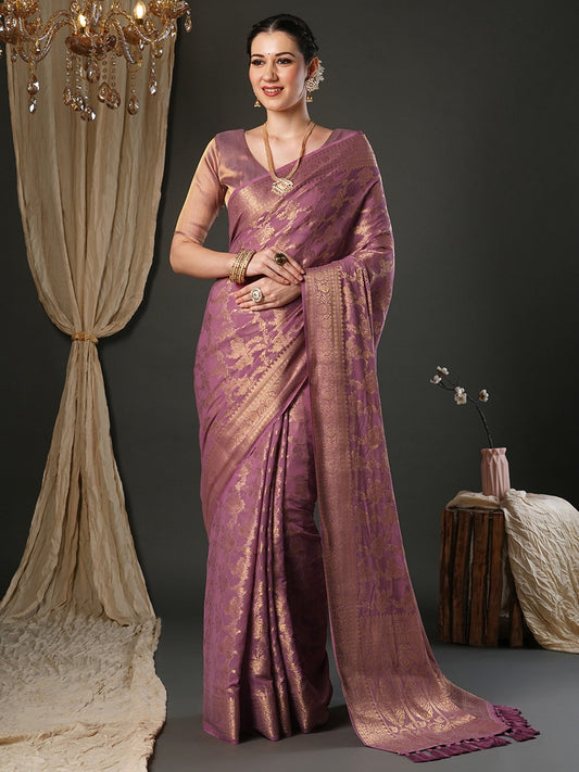 Pink Mauve Kanjeevaram Pure Georgette Woven Saree