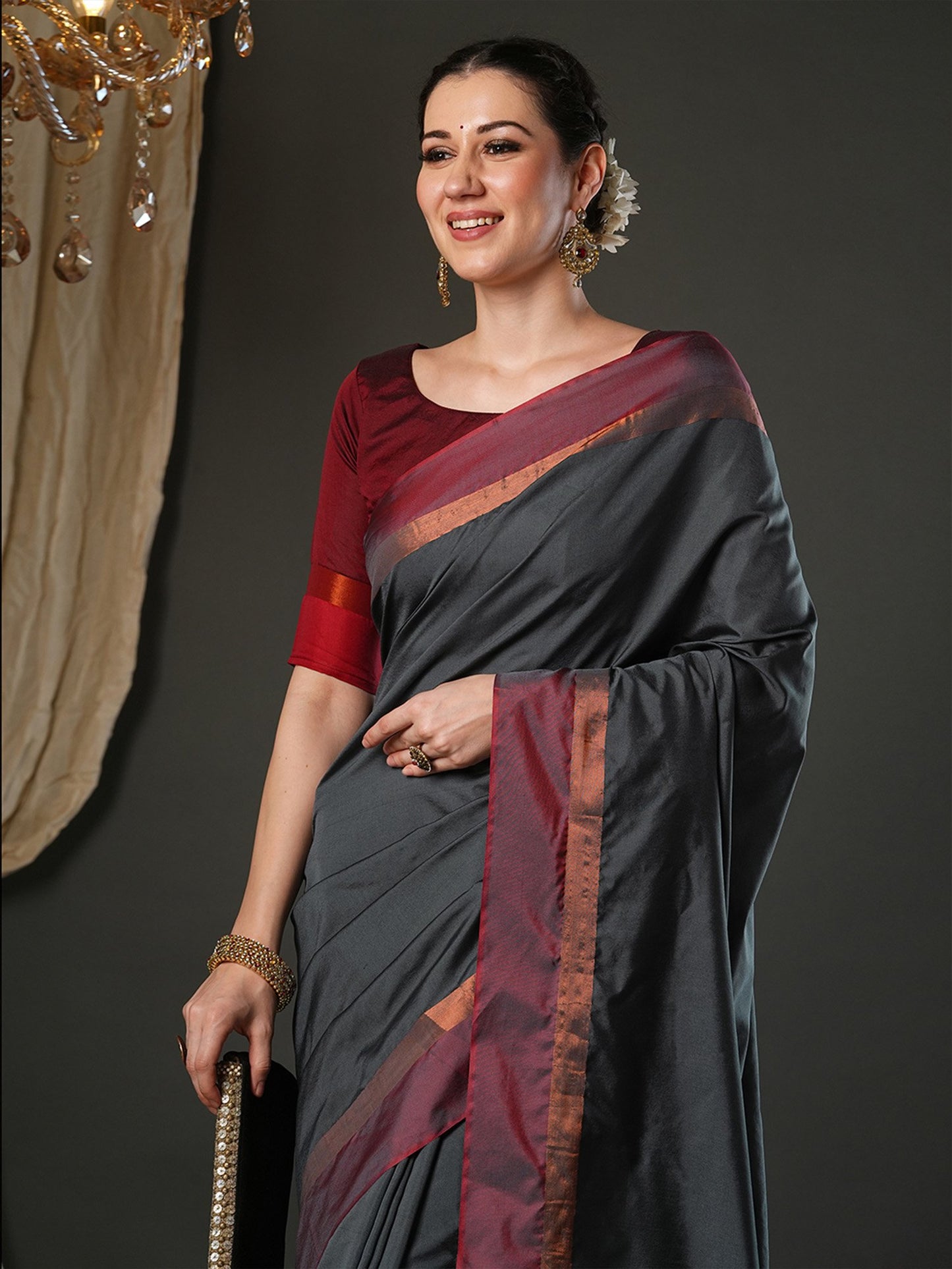 Grey Taant Aura Silk Woven Saree
