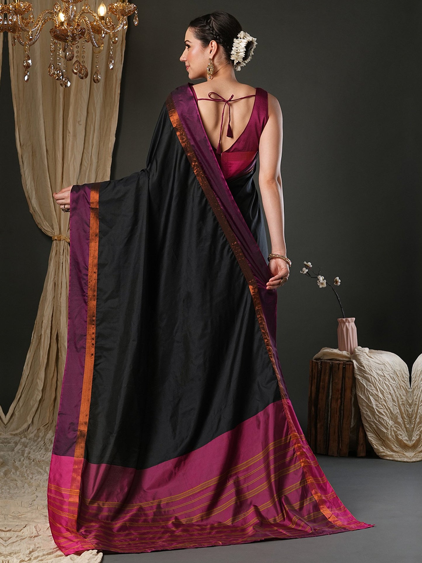 Black Taant Aura Silk Woven Saree