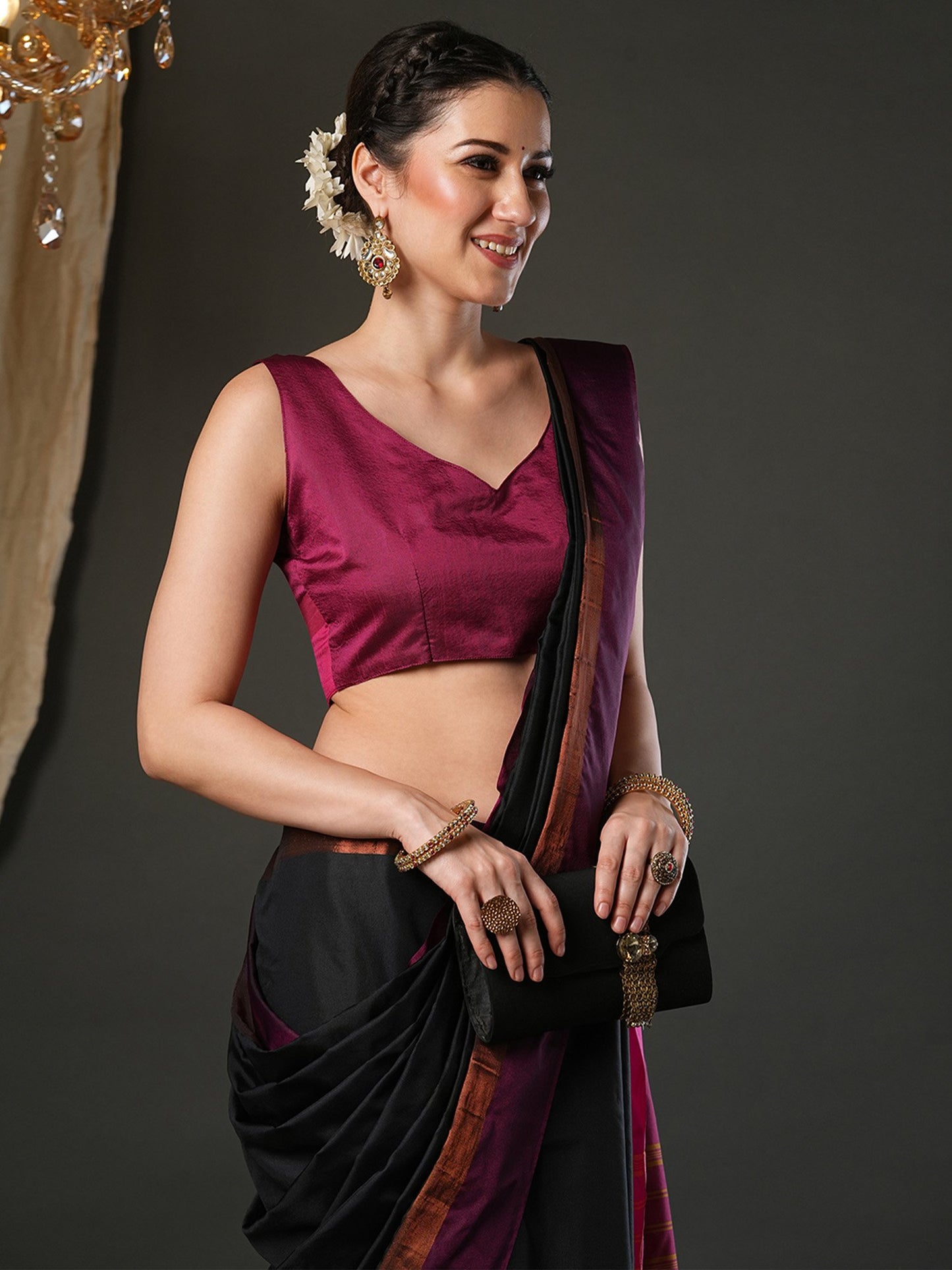 Black Taant Aura Silk Woven Saree