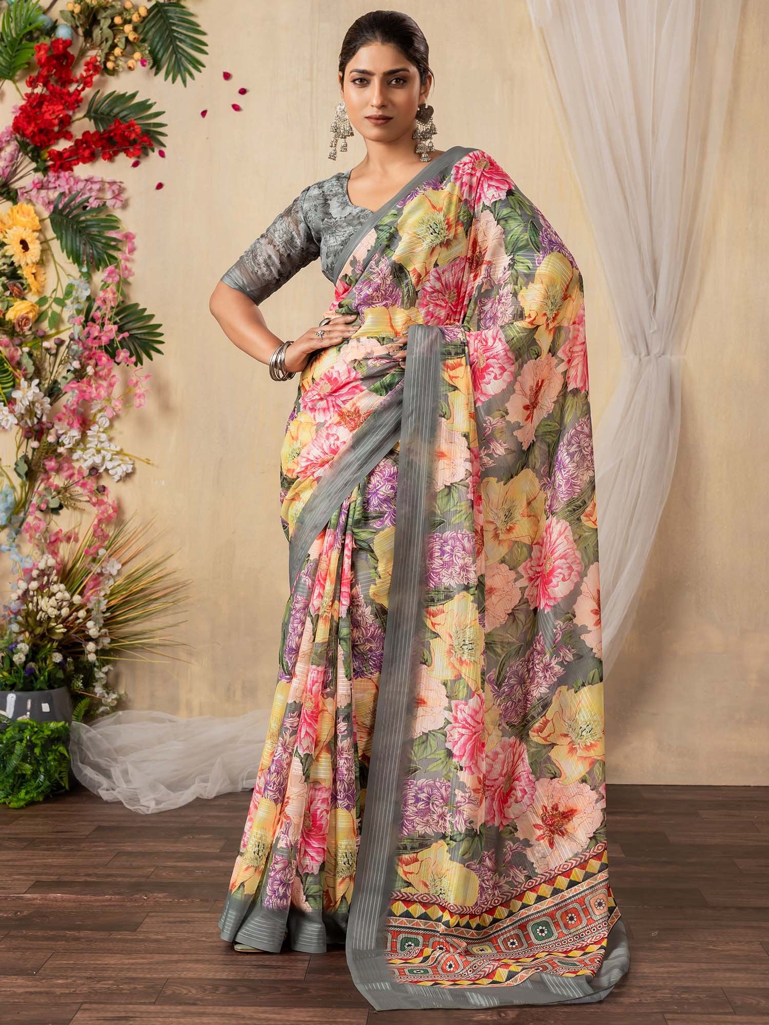Grey Grey Bagru Chiffon Printed Saree