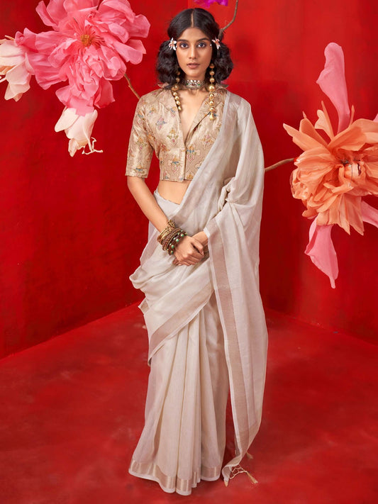 White Cream Banarasi Tissue Woven Saree