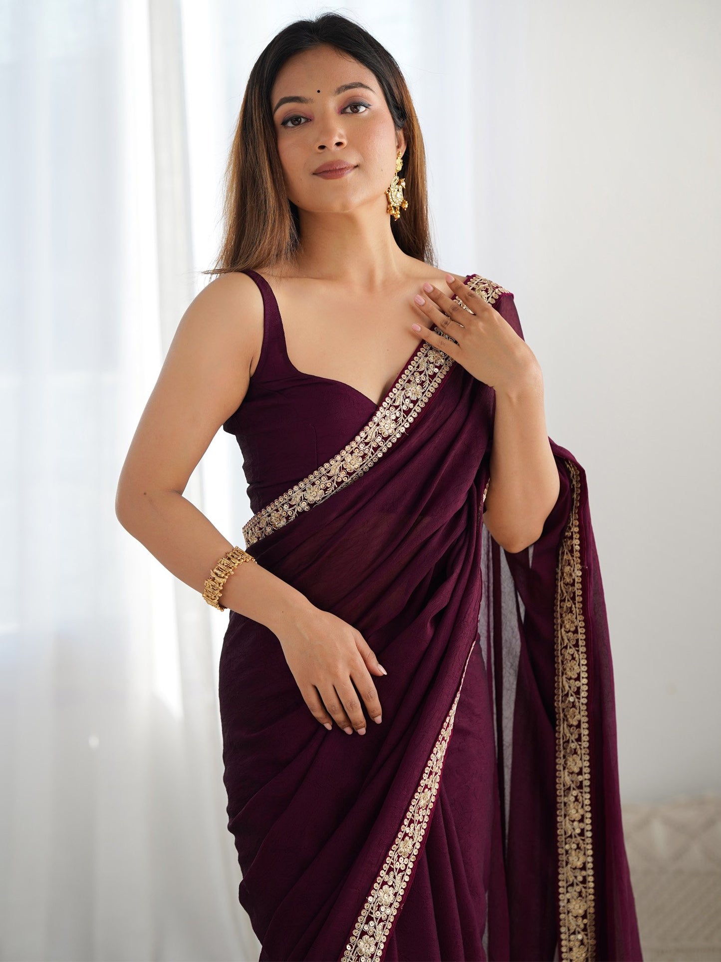 Magenta Party Wear Satin Silk Embellished Saree