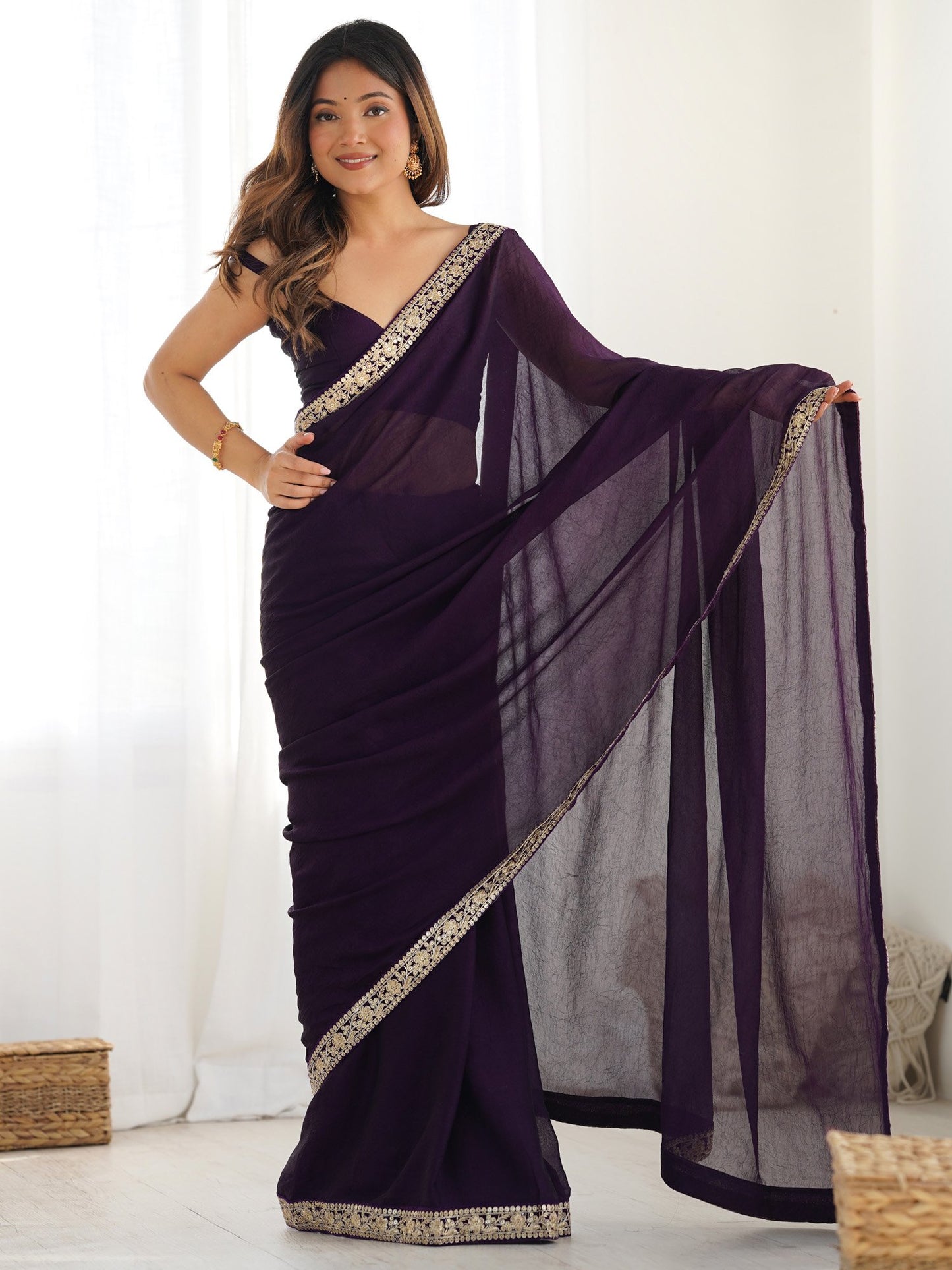 Purple Party Wear Satin Silk Embellished Saree