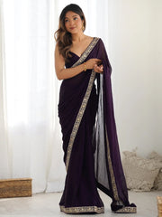 Purple Party Wear Satin Silk Embellished Saree - The Dori Store