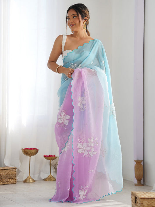 Blue Light Party Wear Chiffon Embellished Saree