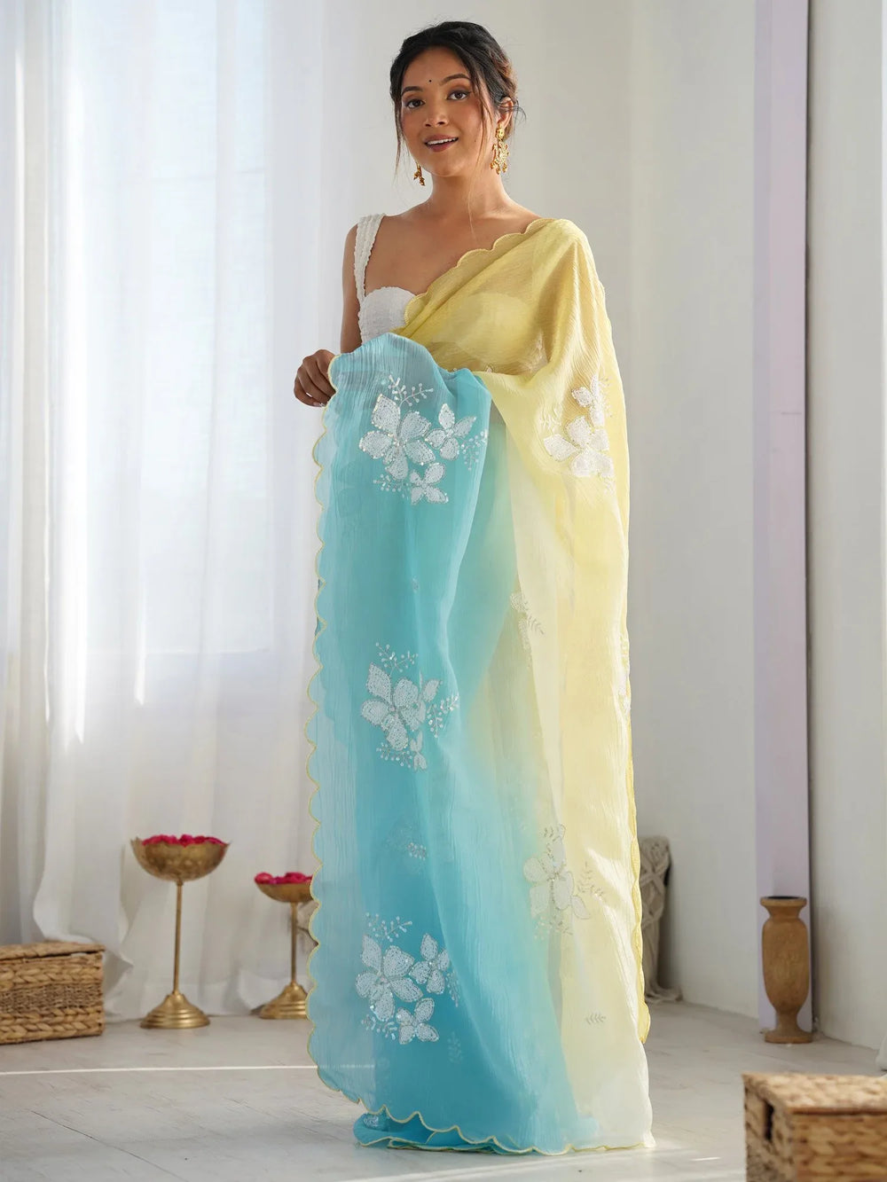 Yellow Party Wear Chiffon Embellished Saree - The Dori Store