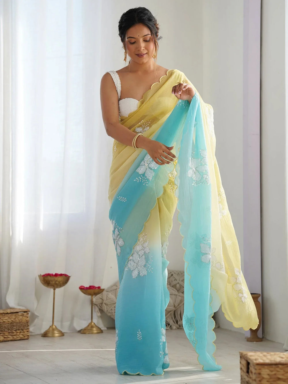 Yellow Party Wear Chiffon Embellished Saree - The Dori Store