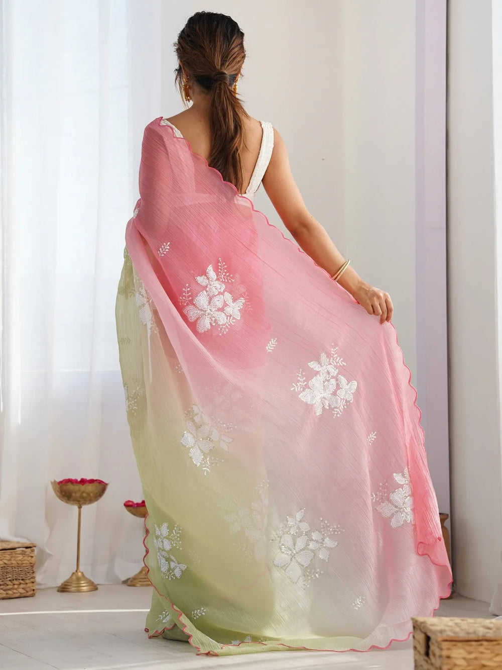 Pink Party Wear Chiffon Embellished Saree - The Dori Store