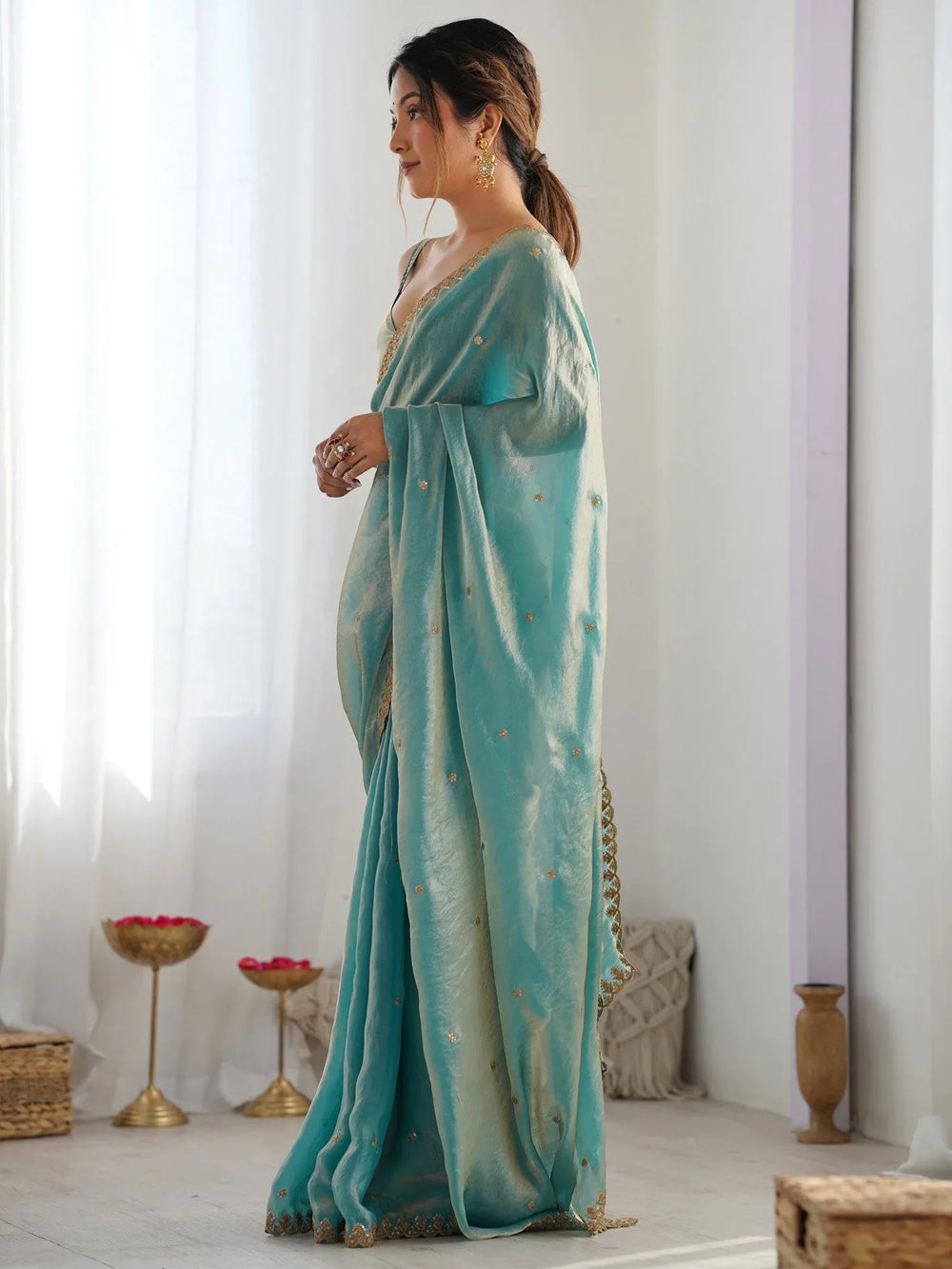Light Party Wear Paper Silk Embellished Saree - The Dori Store