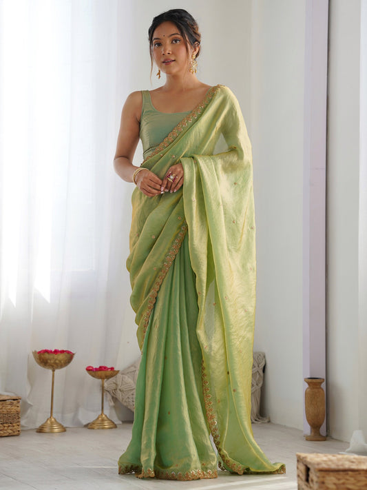 Green Light Party Wear Paper Silk Embellished Saree