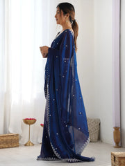 Navy Party Wear Paper Silk Embellished Saree - The Dori Store