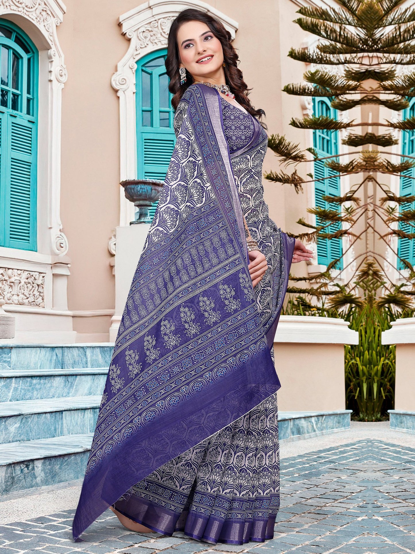 Purple Sungudi Cotton Linen Digital Print Saree