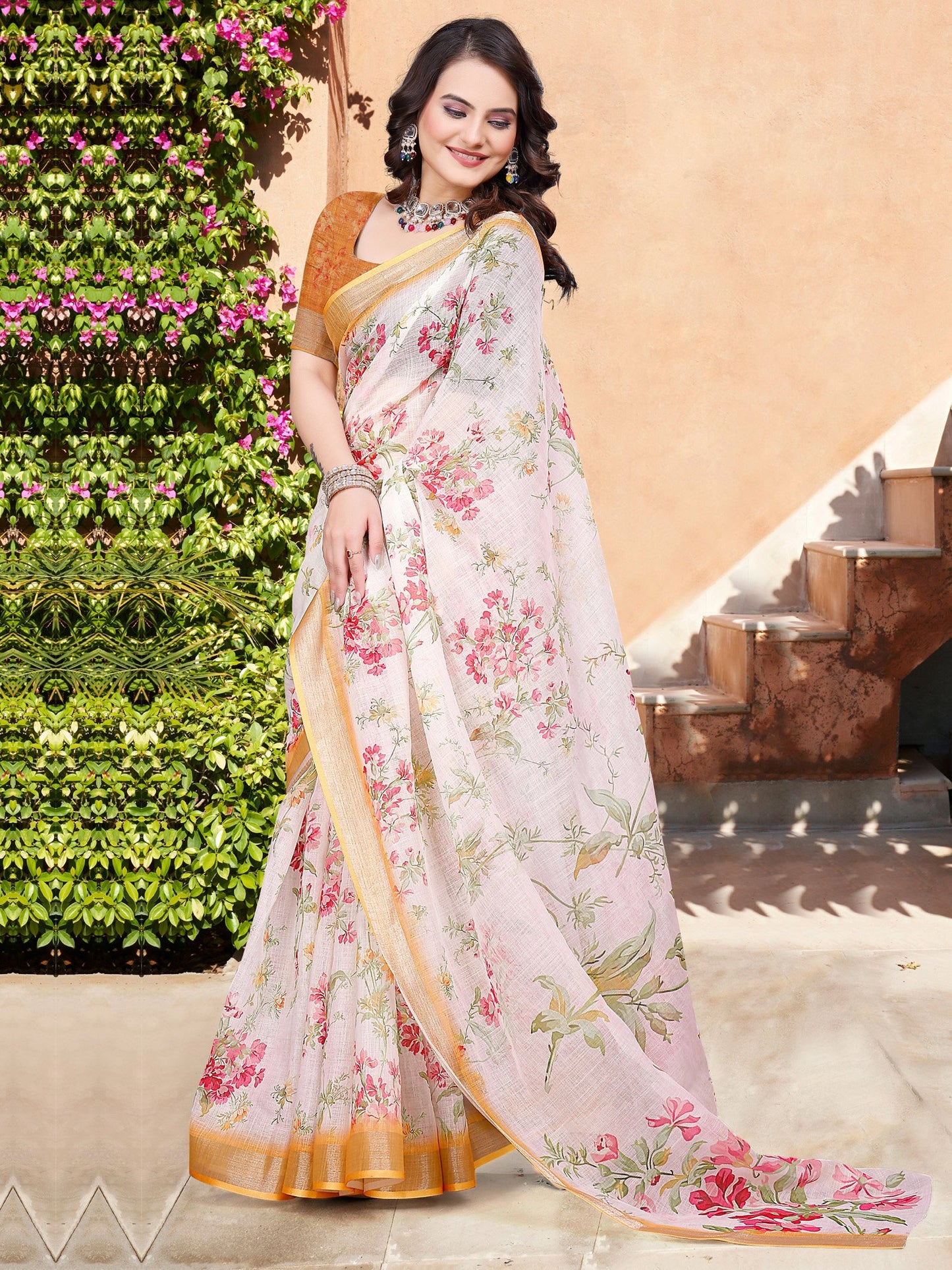 Off Sungudi Cotton Linen Digital Print Saree