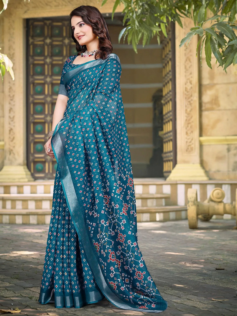 Teal Blue Sungudi Cotton Linen Digital Print Saree - The Dori Store