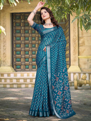 Teal Blue Sungudi Cotton Linen Digital Print Saree - The Dori Store