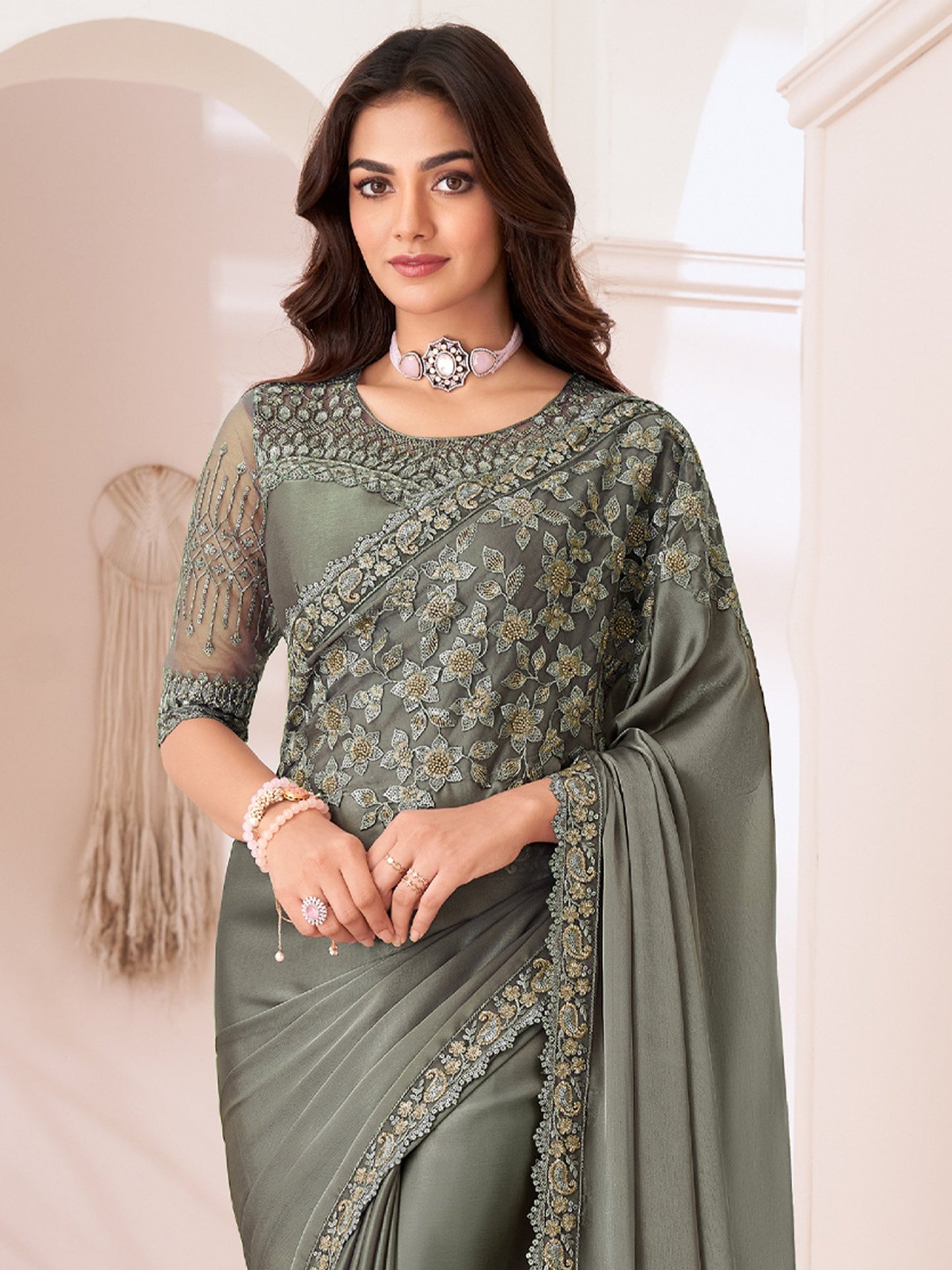 Sea Party Wear Satin Silk Embellished Saree