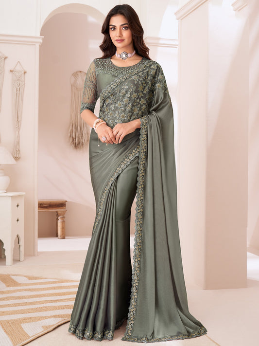 Green Sea Party Wear Satin Silk Embellished Saree