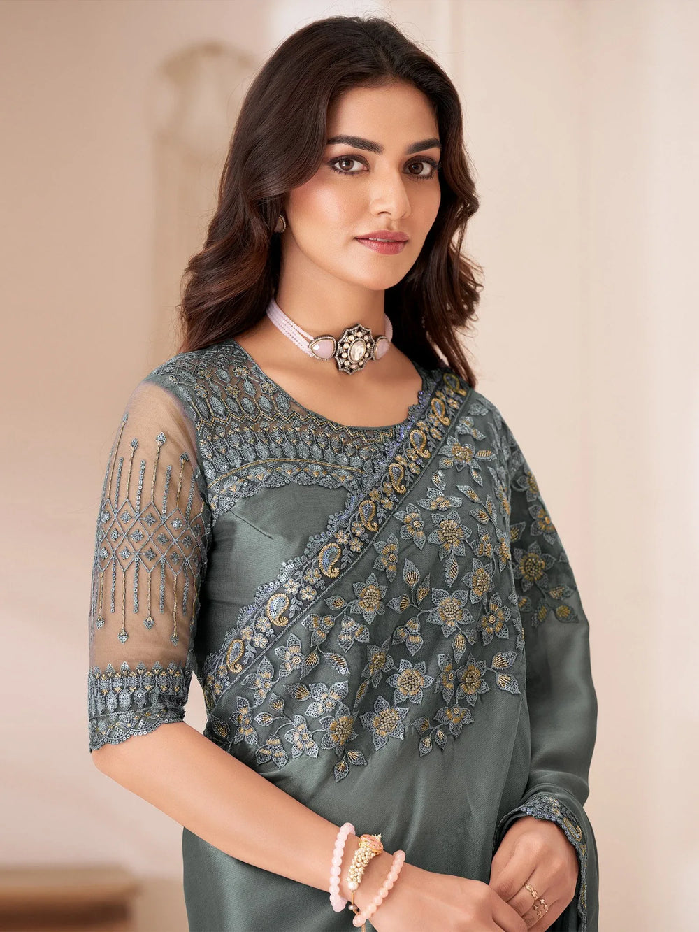 Grey Party Wear Satin Silk Embellished Saree - The Dori Store