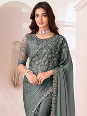 Grey Party Wear Satin Silk Embellished Saree - The Dori Store