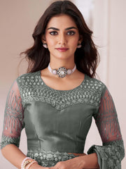 Grey Party Wear Satin Silk Embellished Saree - The Dori Store