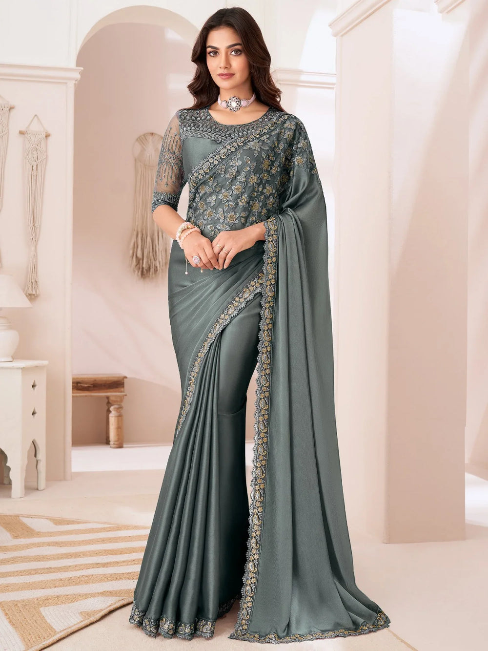 Grey Party Wear Satin Silk Embellished Saree - The Dori Store