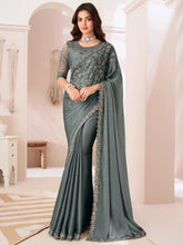 Grey Party Wear Satin Silk Embellished Saree - The Dori Store