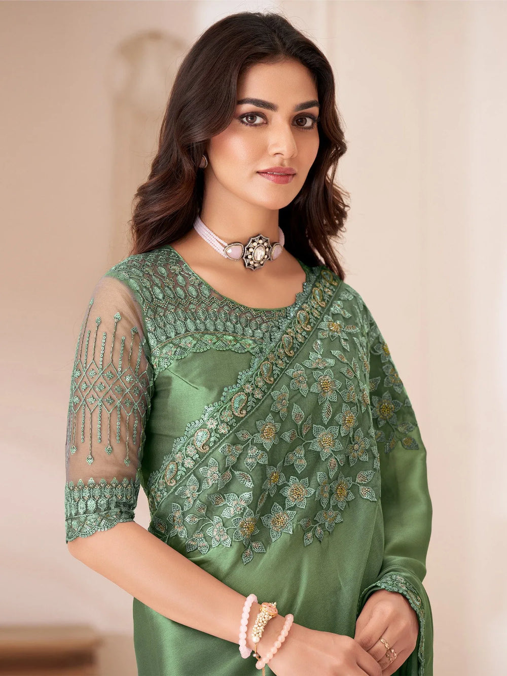 Green Party Wear Satin Silk Embellished Saree - The Dori Store