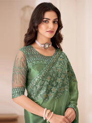 Green Party Wear Satin Silk Embellished Saree - The Dori Store