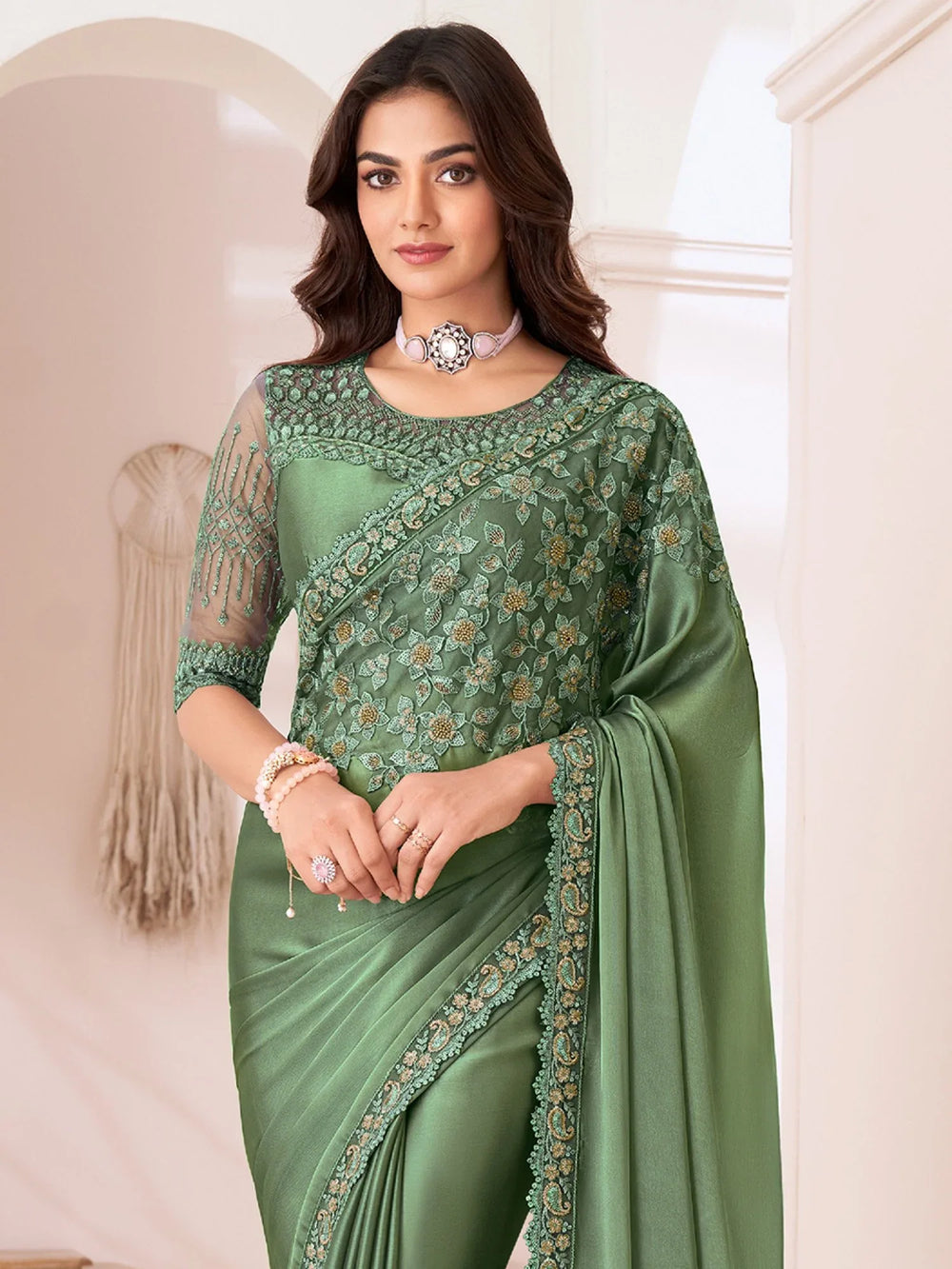 Green Party Wear Satin Silk Embellished Saree - The Dori Store