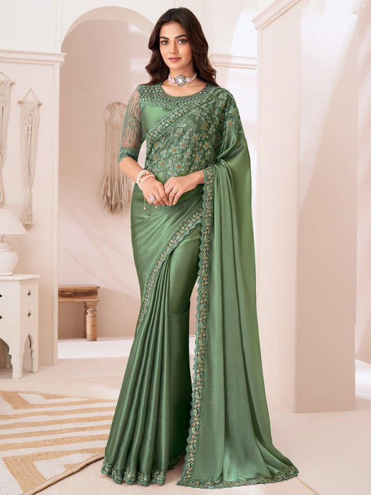 Green Green Party Wear Satin Silk Embellished Saree