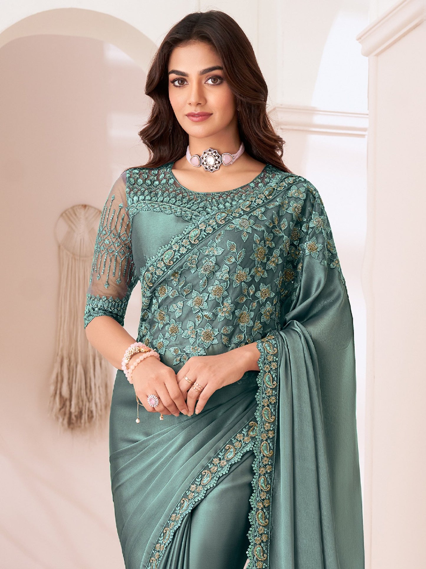 Teal Party Wear Satin Silk Embellished Saree