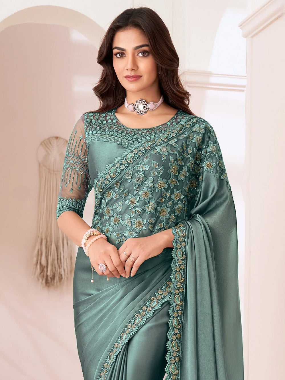 Teal Greyish Blue Party Wear Satin Silk Embellished Saree - The Dori Store