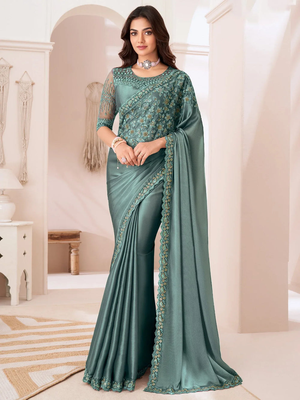 Teal Greyish Blue Party Wear Satin Silk Embellished Saree - The Dori Store