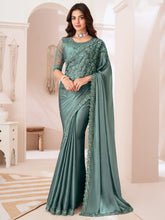 Teal Greyish Blue Party Wear Satin Silk Embellished Saree - The Dori Store